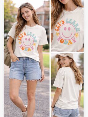 Smiley Face Graphic T-Shirt “Let’s Learn Today” Cream Tee Women Cute Casual
